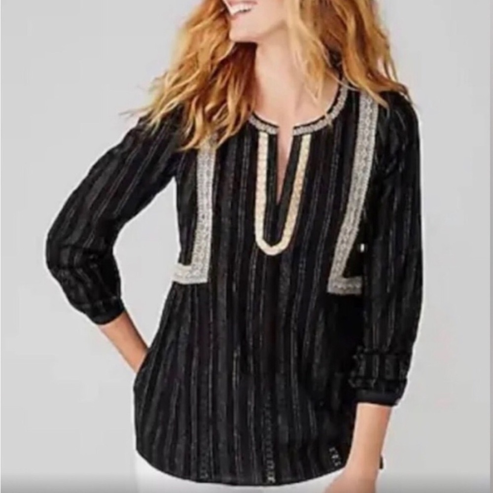 J. Jill Embroidered Popover Black Peasant Blouse Women's V-Neck Boho Size M